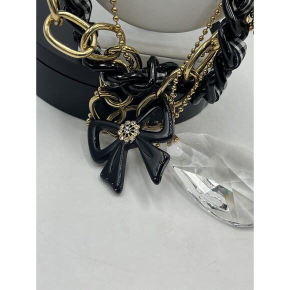 Betsey Johnson Heavy Multistrand Necklace Gold Tone Black White Ribbon Bow Charm - Picture 2 of 14